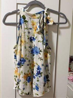 Cream Blue Floral Sleeveless Tie Shoulder Top Size S